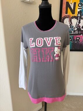 Adorable Juniors LOVE HK Hello Kitty Grey & Pink Layered Look Long Sleeve Top XL